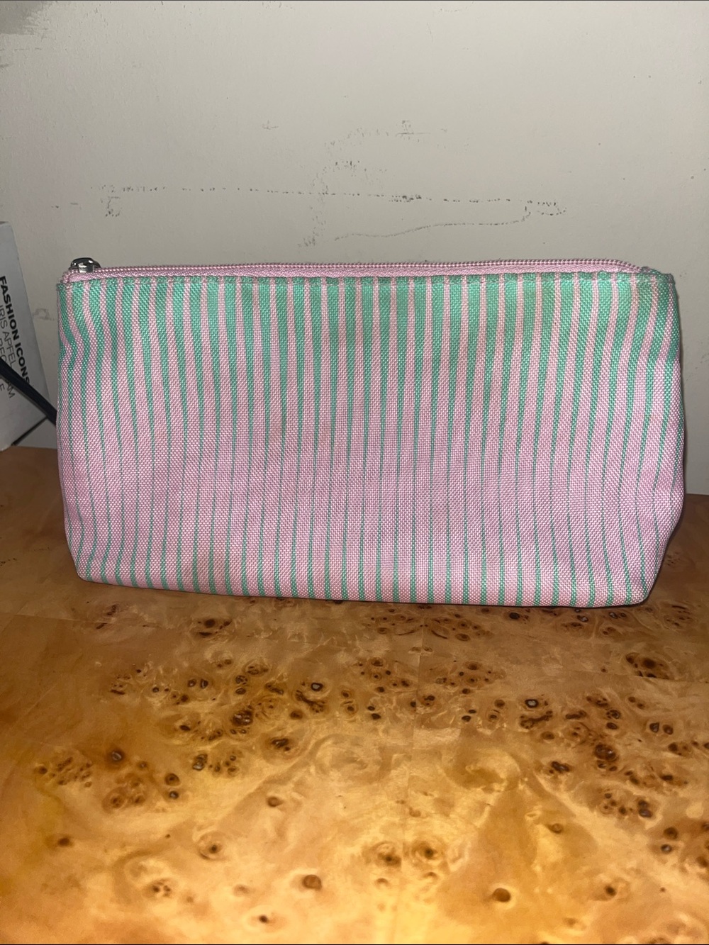 small zip up Clinique preppy green and pink zipper make up cosmetics case pouch